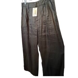DISHH Linen Wide Leg Pants‎ High Waist Pleated Black Size 10